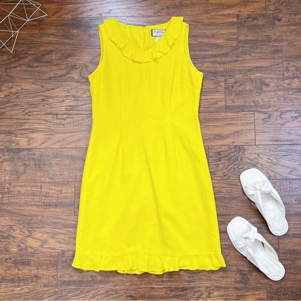 Mary McFadden • vintage yellow linen shift dress ruffle sleeveless mini summer